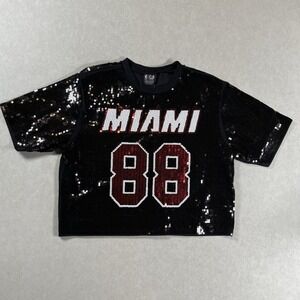 New NBA Ultra Game Miami Heat Black Red‎ Sequin Crop Top Shirt Sz S Fancy Glam